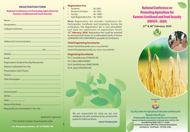 National Conference on Promoting Agriculture for Farmers Livelihood and Food Security (PAFLFS – 2020) : 27 & 28 February 2020